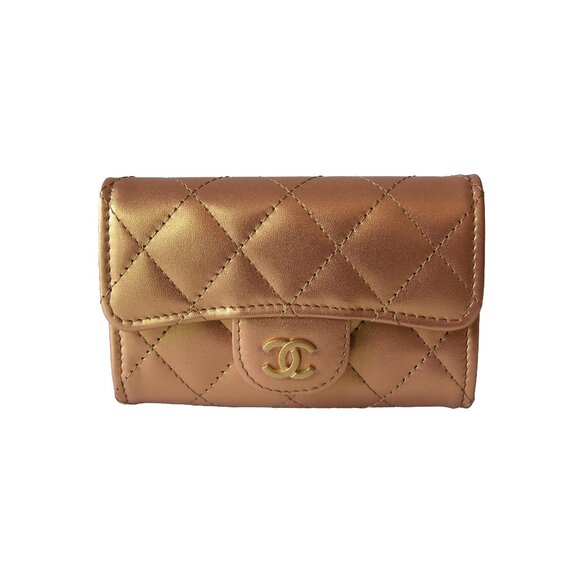 Chanel CC Metallic Lambskin Quilted Flap Card Holder Wallet Golden - Picture 1 of 3